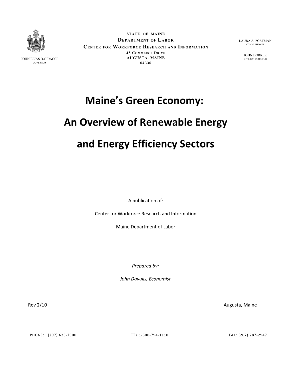 Maine S Green Economy: the Renewable Energy and Energy Efficiency Sectors