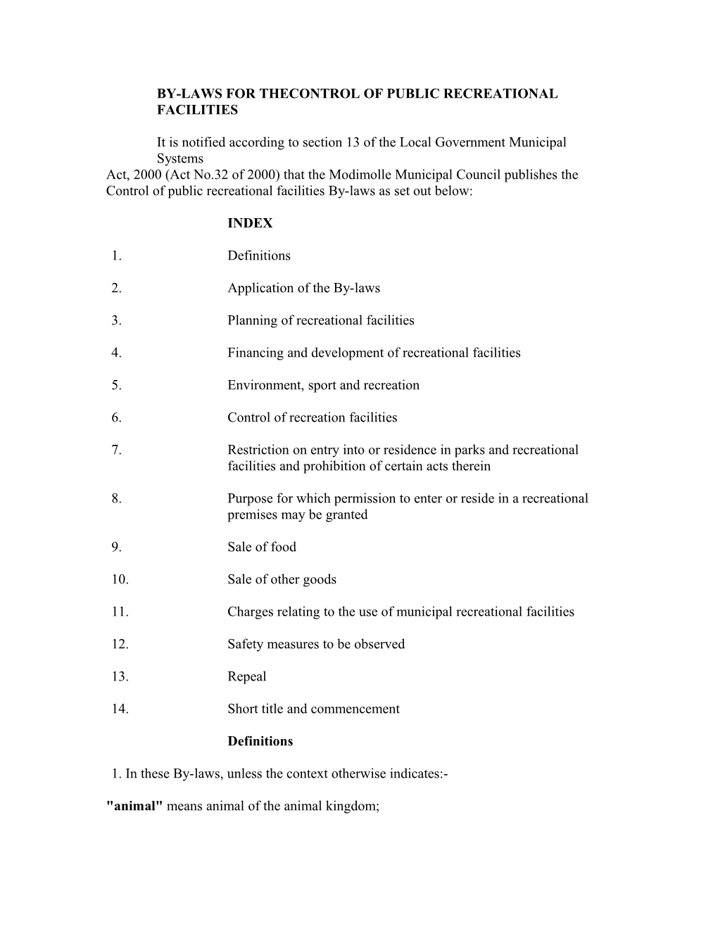 By-Laws for Thecontrol of Public Recreational Facilities