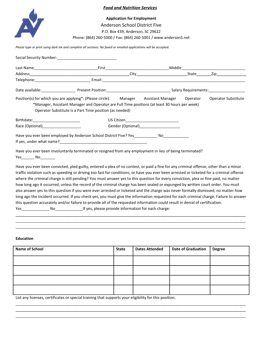 Application for Employment Anderson School District Five P.O. Box 439, Anderson, SC 29622