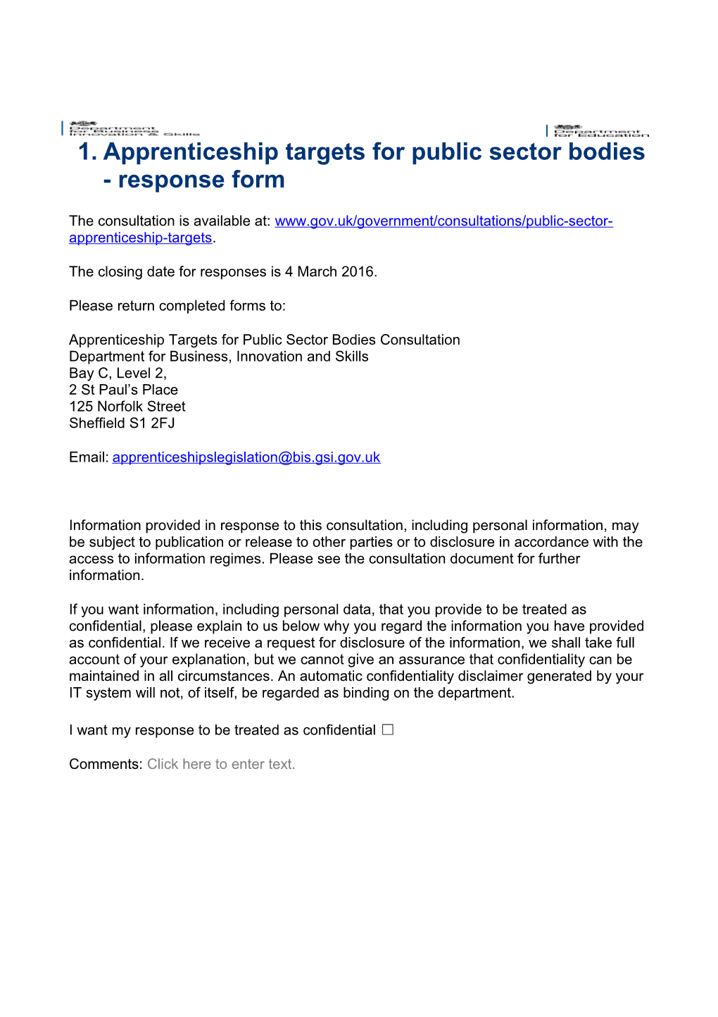 Apprenticeship Targets for Public Sector Bodies- Response Form