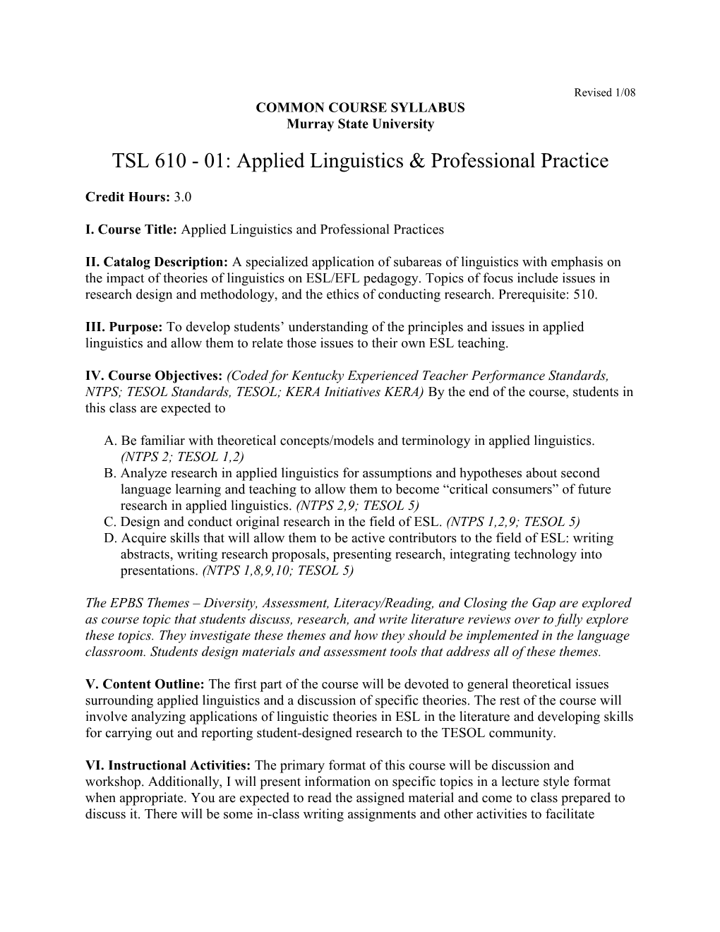 TSL 610 - 01: Applied Linguistics & Professional Practice
