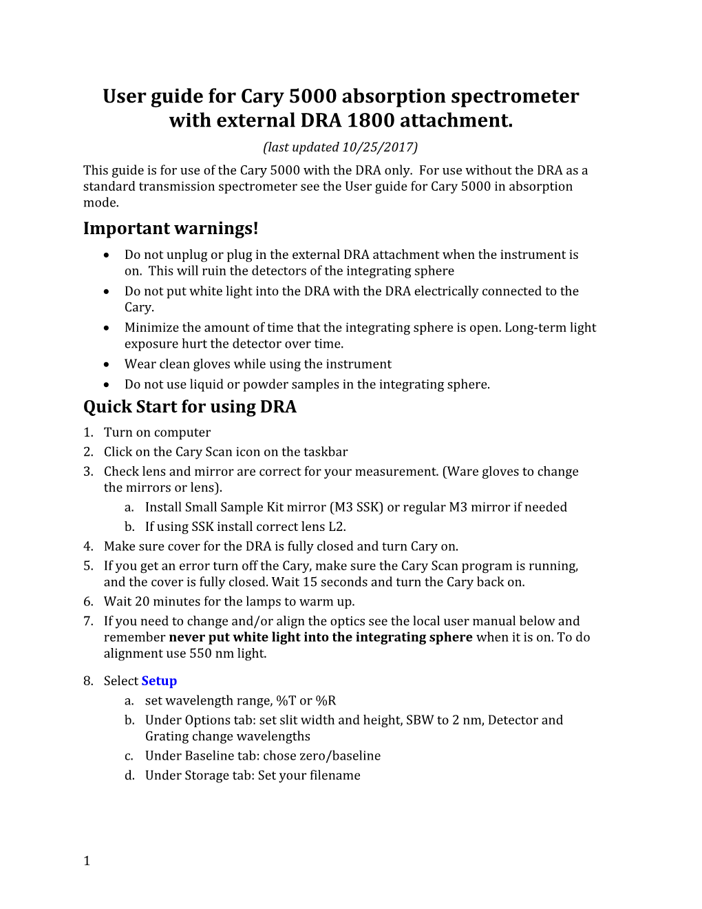 User Guide for Cary 5000 Absorption Spectrometer with External DRA 1800 Attachment s1