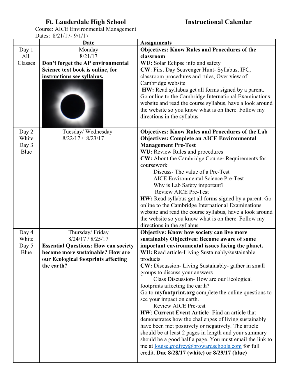 Ft. Lauderdale High School Instructional Calendar s1