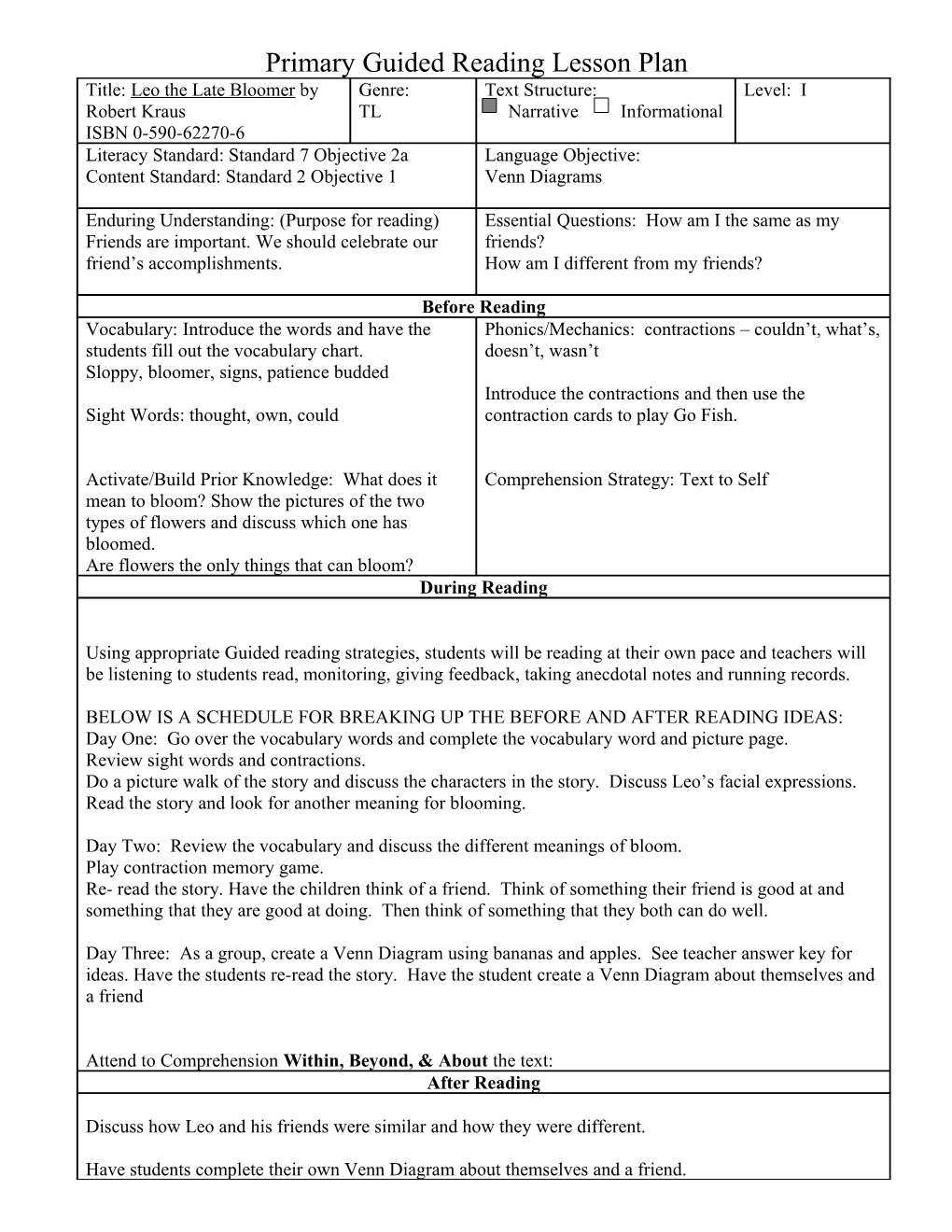 Primary Guided Reading Lesson Plan s1