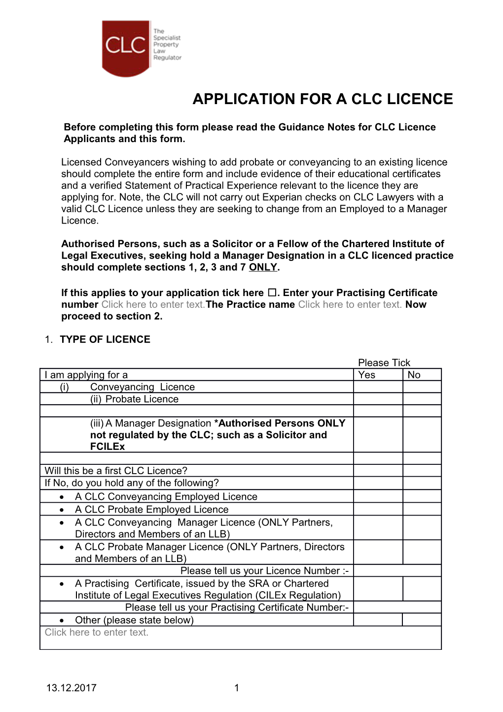 Application for a Clc Licence