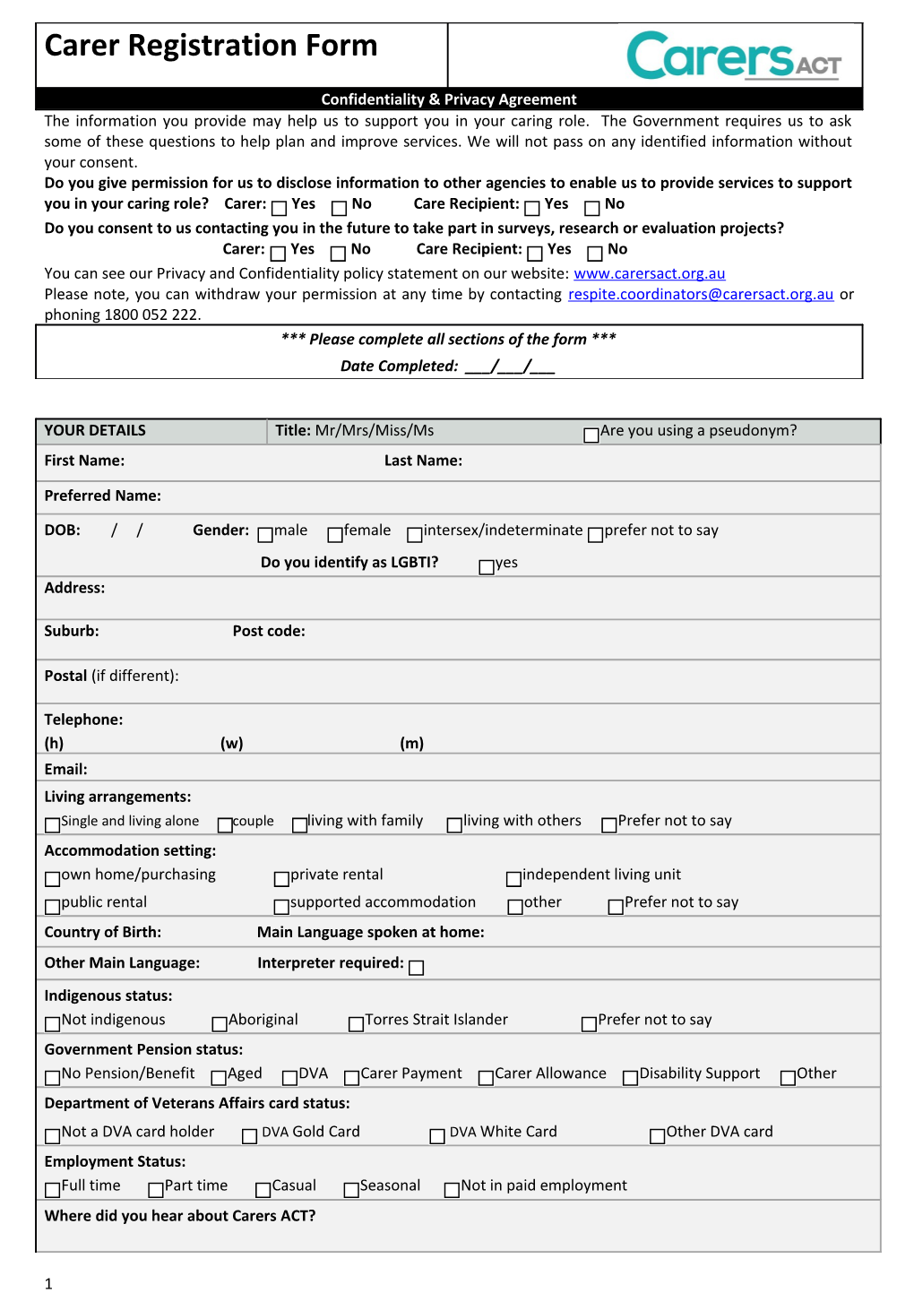 Carer Registration Form