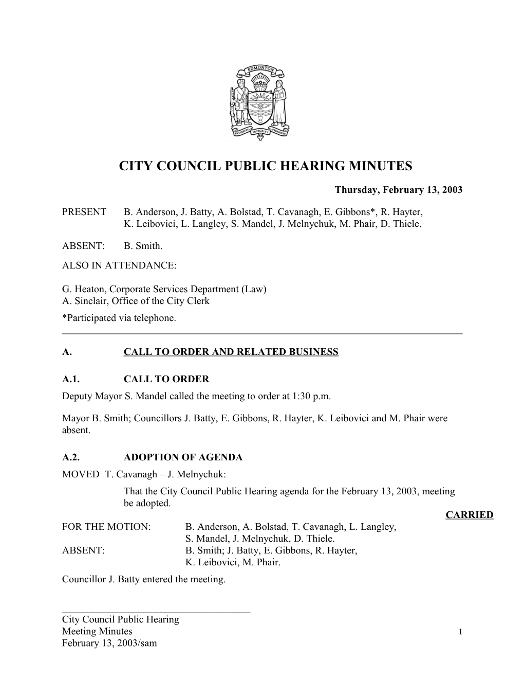 Minutes for City Council February 13, 2003 Meeting
