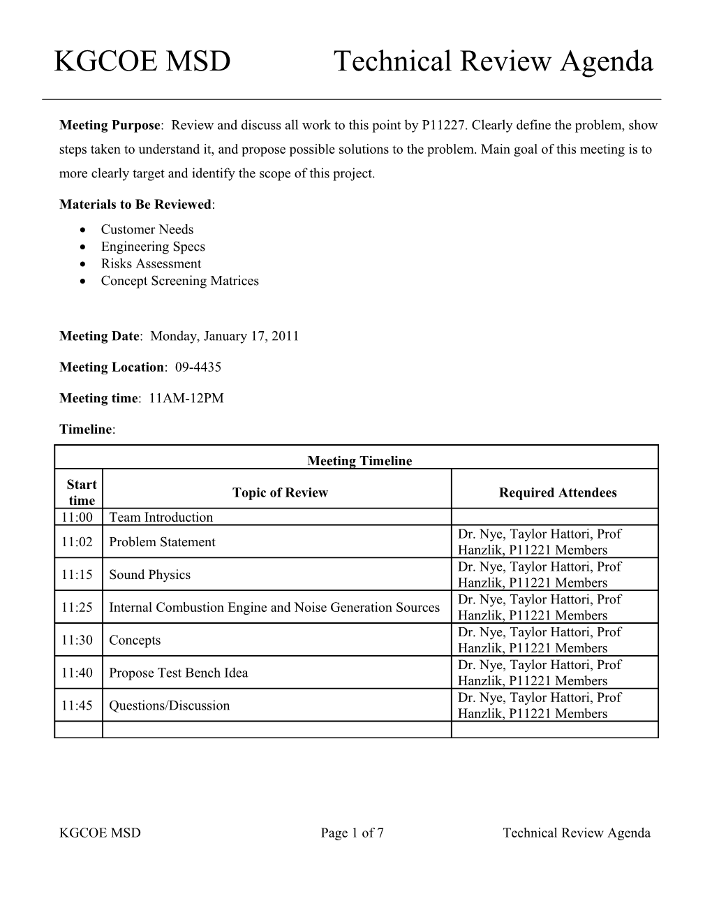 Meeting Purpose: Review and Discuss All Work to This Point by P11227. Clearly Define The