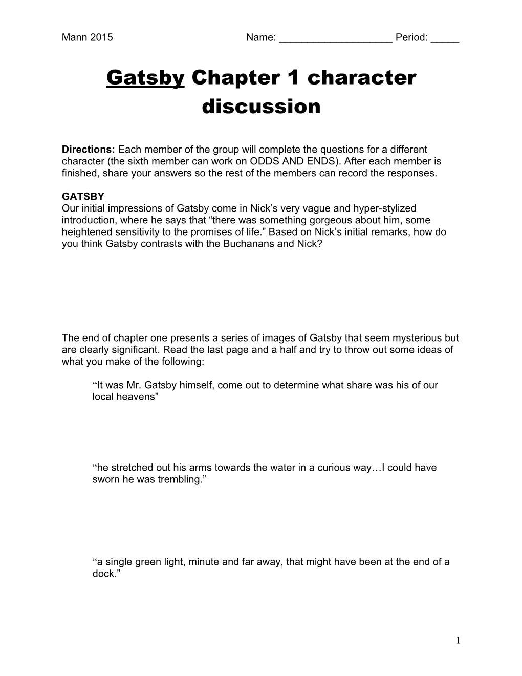 Gatsby Chapter 1 Group Discussion Sheet