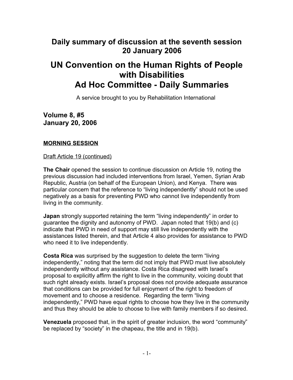 UN Convention on the Human Rights of People with Disabilitiesad Hoc Committee - Daily Summaries