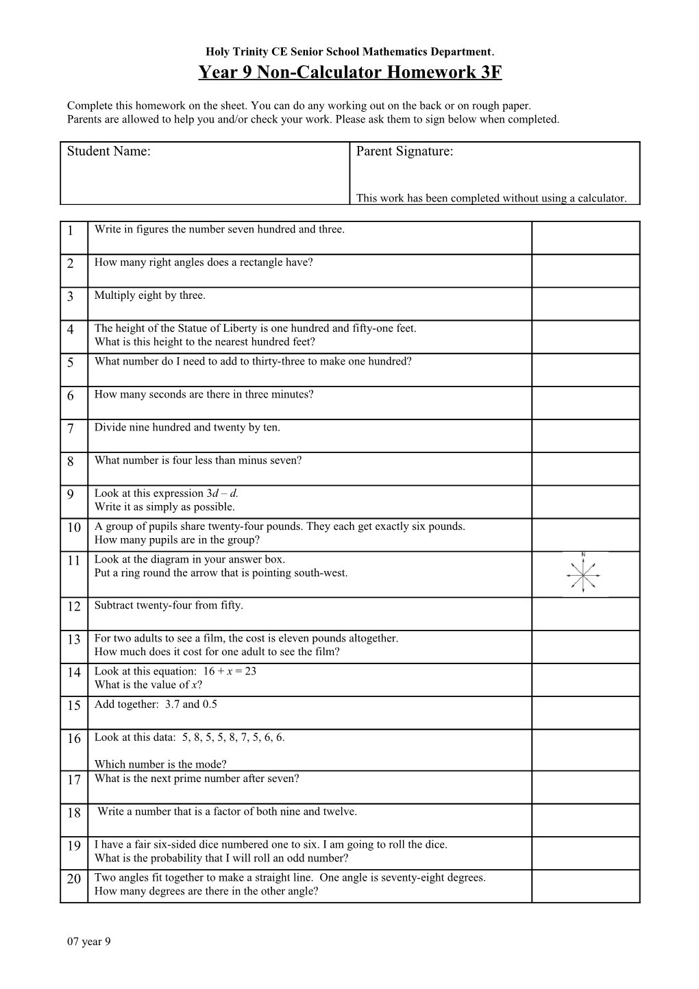 Year 7 Non-Calculator Homework 1