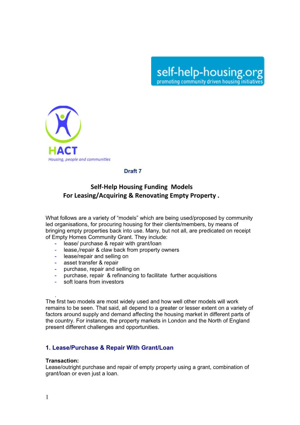 Self-Help Housing Funding Models