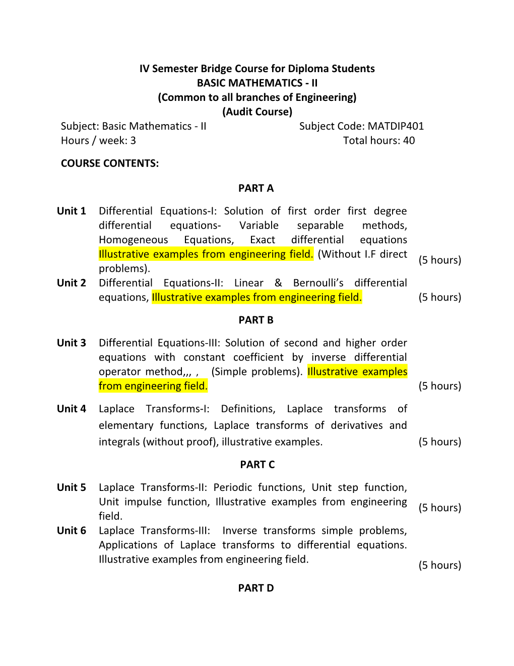 IV Semester Bridge Course for Diploma Students