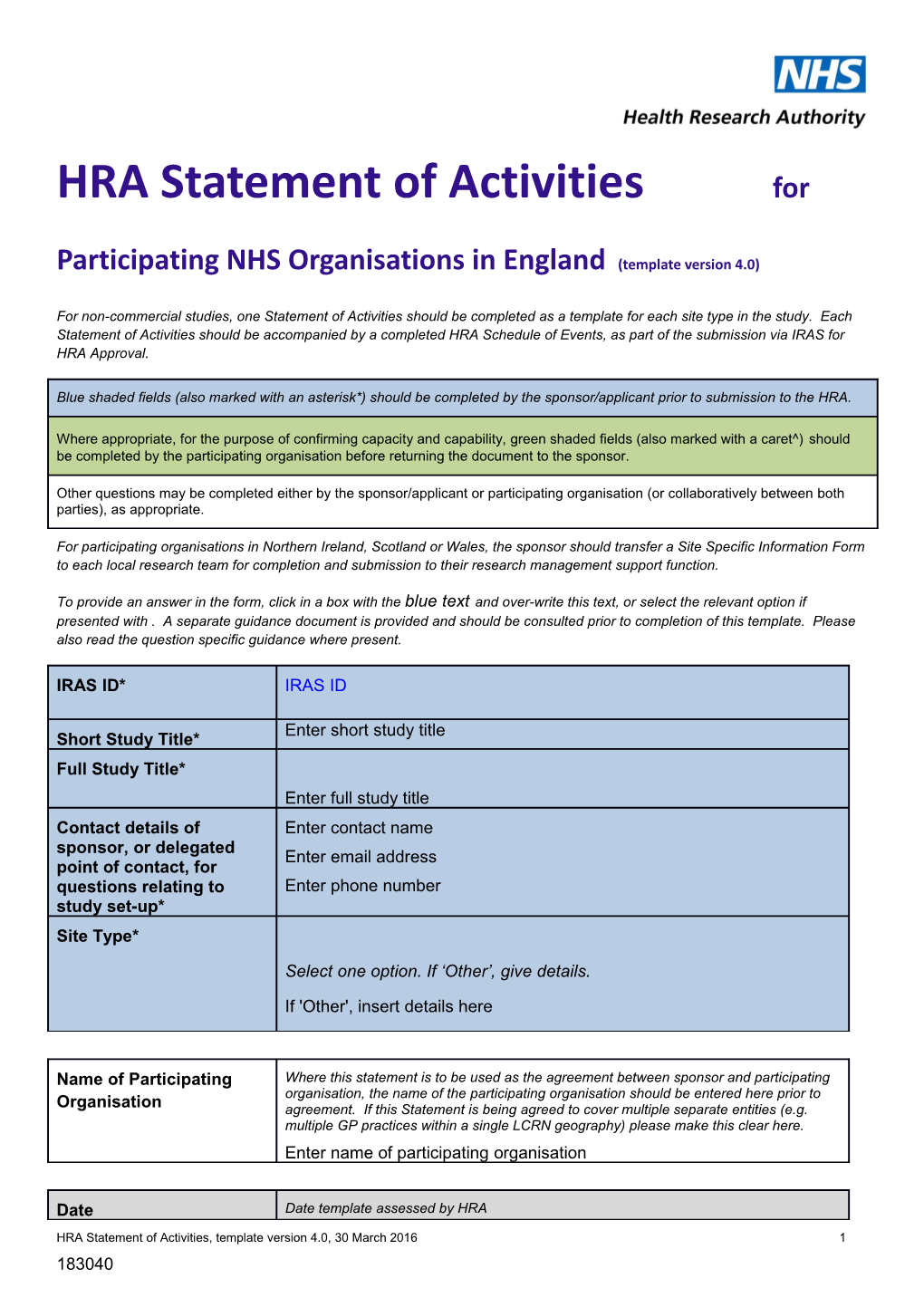 HRA Statement of Activities for Participating NHS Organisations in England(Template Version 4.0)