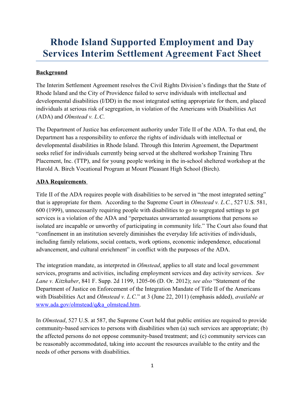Rhode Island Supported Employment and Day Services Interim Settlement Agreement Fact Sheet