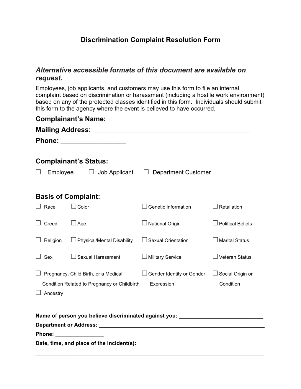 Discrimination Complaint Resolution Form