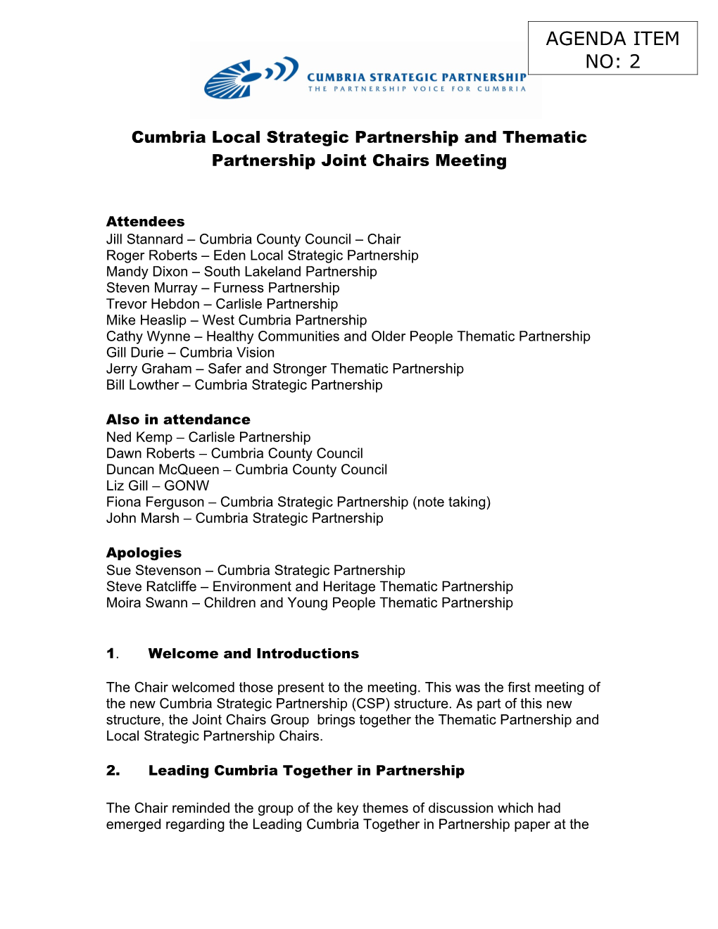 Cumbria Local Strategic Partnership and Thematic Partnership Joint Chairs Meeting