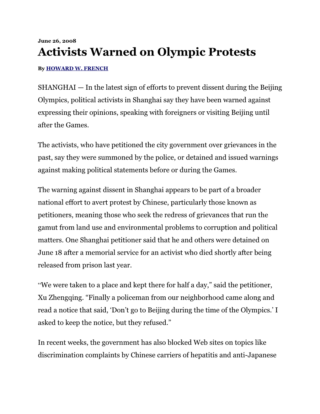 Activists Warned on Olympic Protests