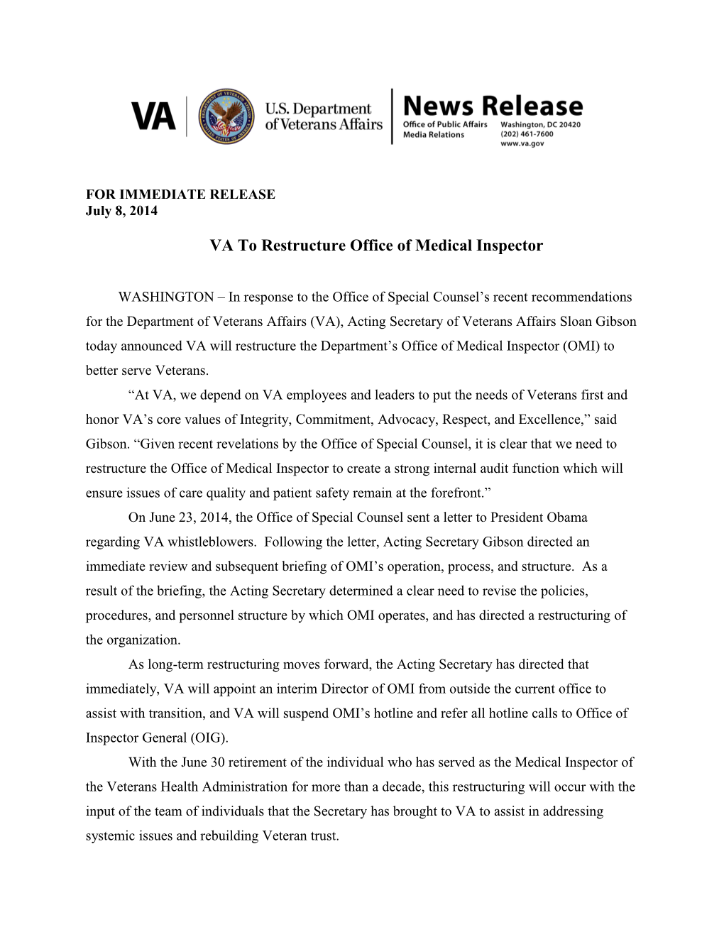 VA to Restructure Office of Medical Inspector