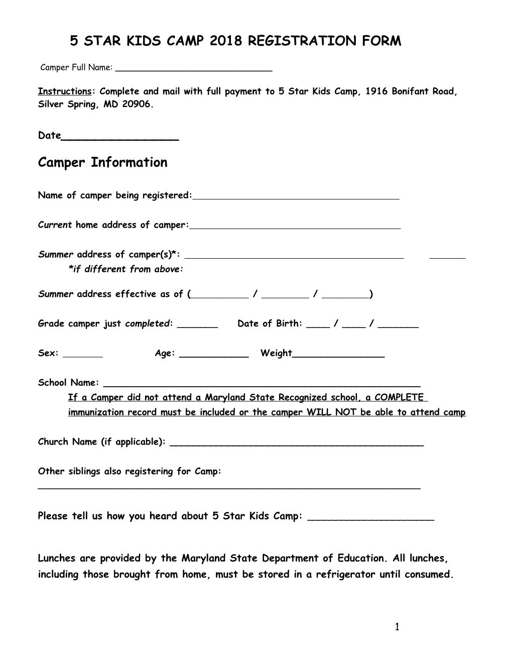 Layhill Kids Camp 2009 Registration Form