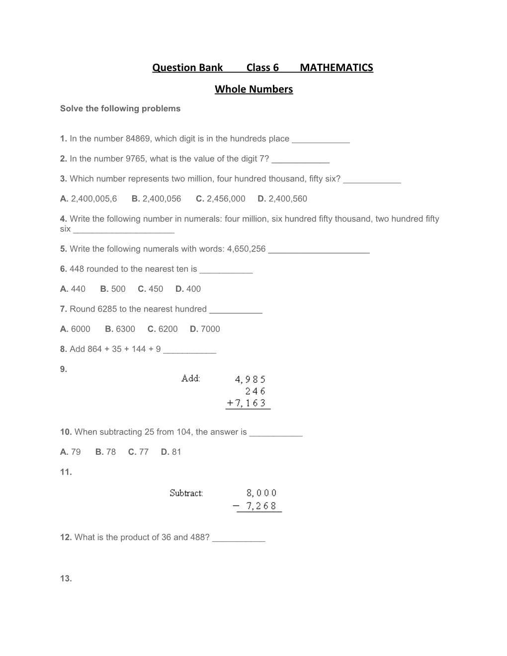 Question Bank Class 6 MATHEMATICS