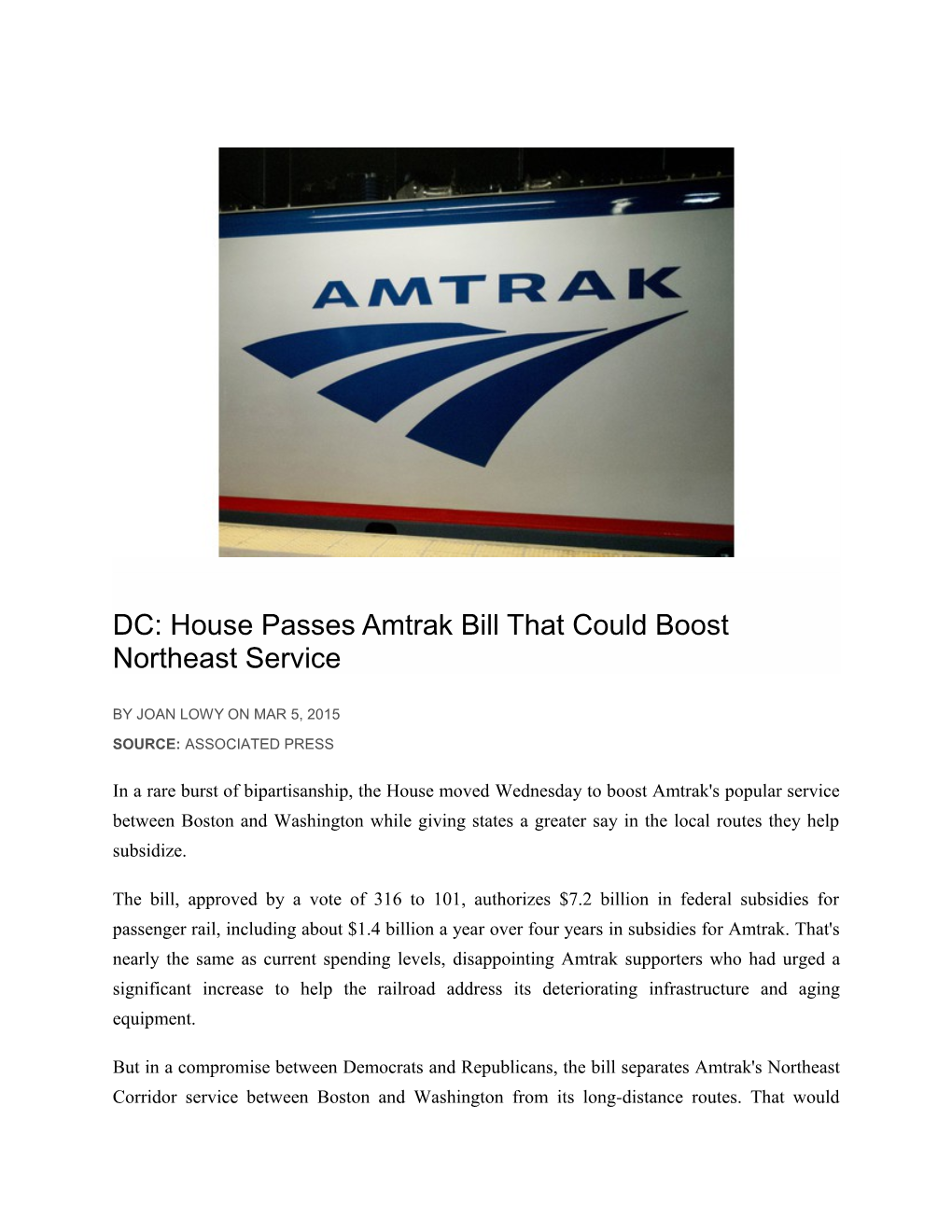 DC: House Passes Amtrak Bill That Could Boost Northeast Service