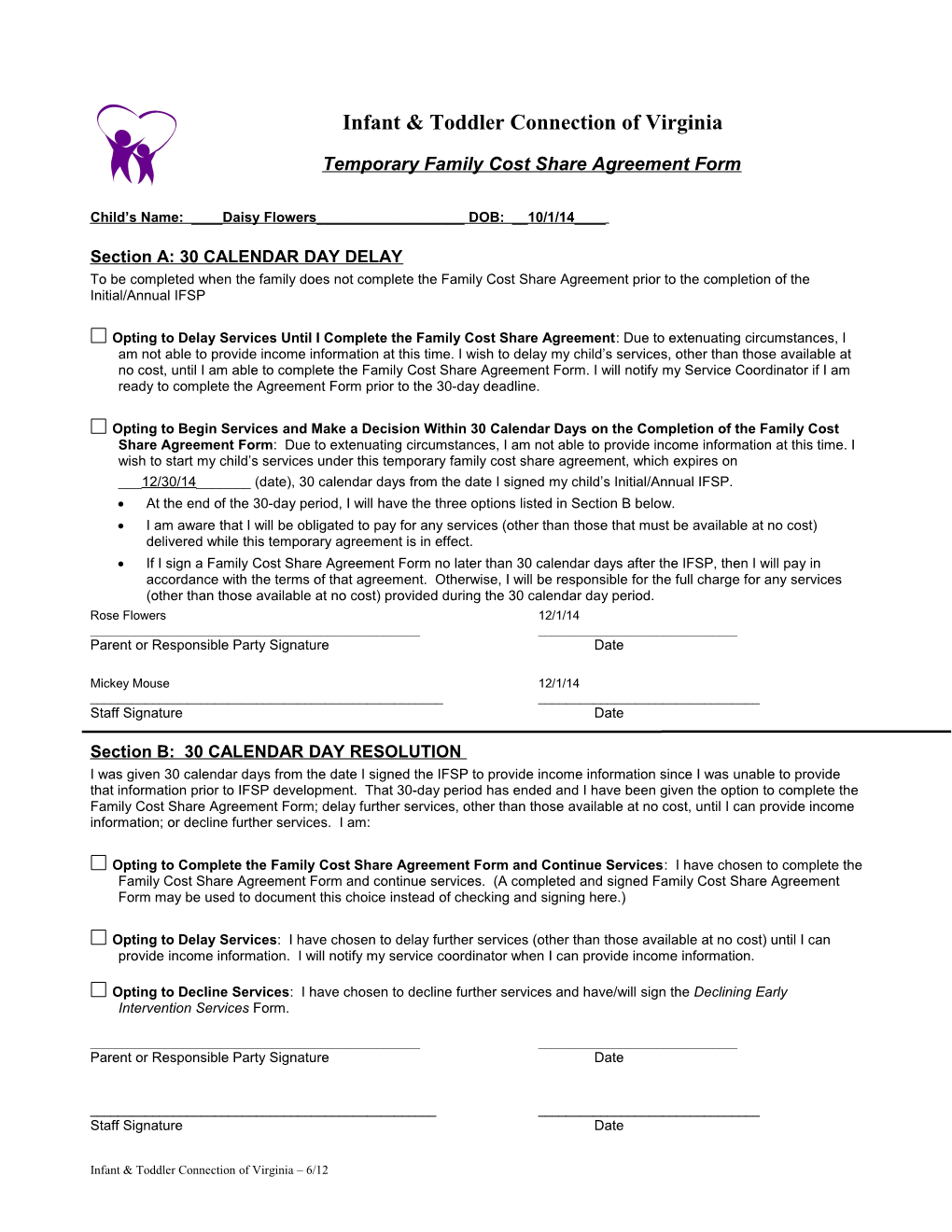 Temporary Family Cost Share Agreement