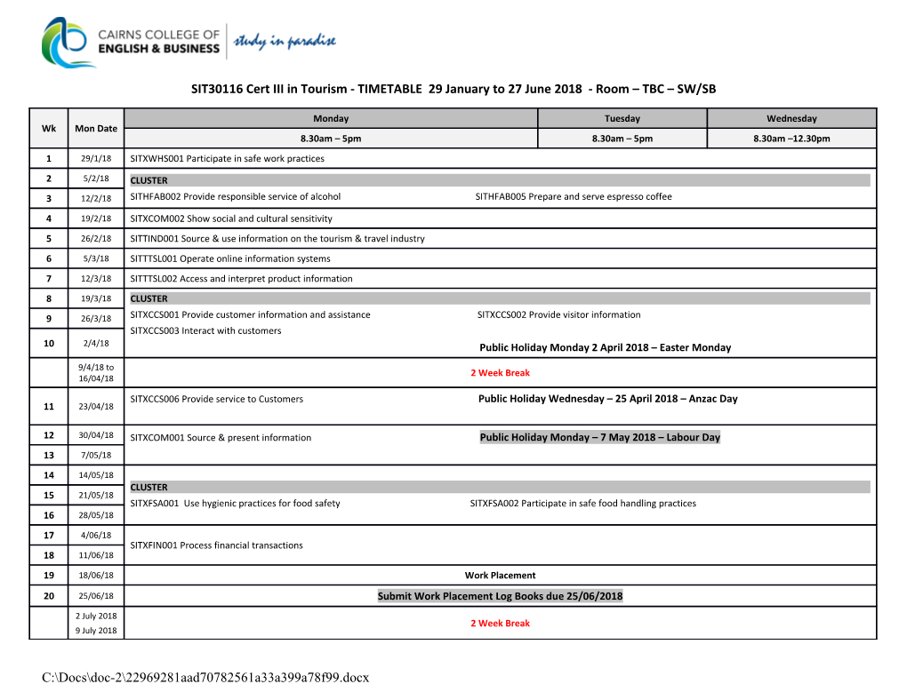 SIT30116 Cert III in Tourism- TIMETABLE 29 January to 27 June 2018 - Room TBC SW/SB