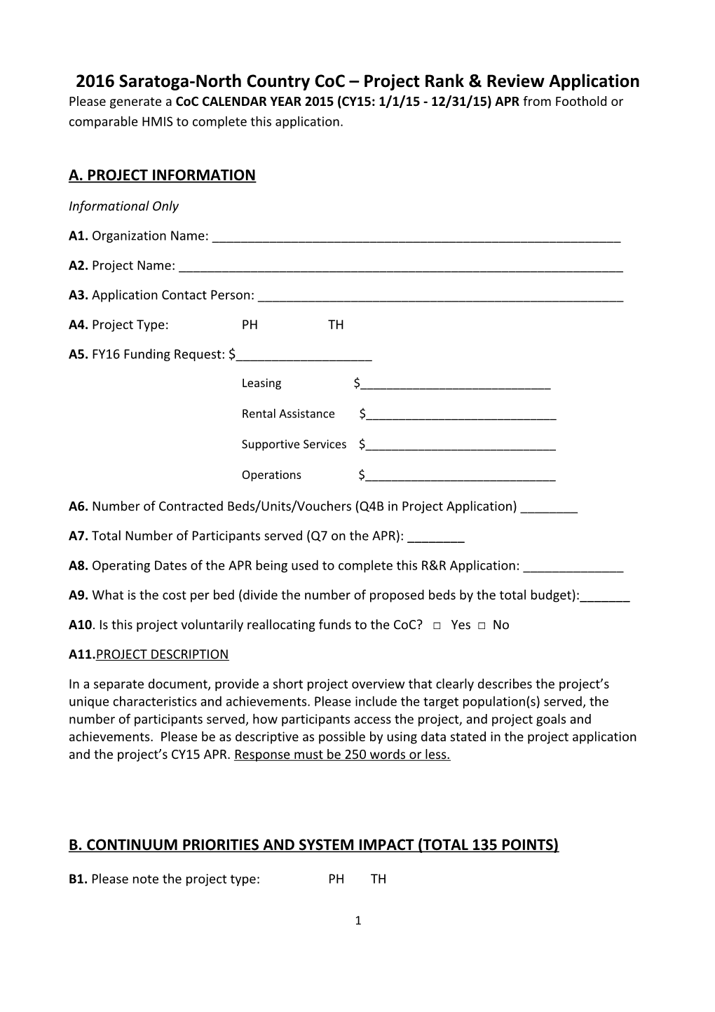 2016 Saratoga-North Country Coc Project Rank & Review Application