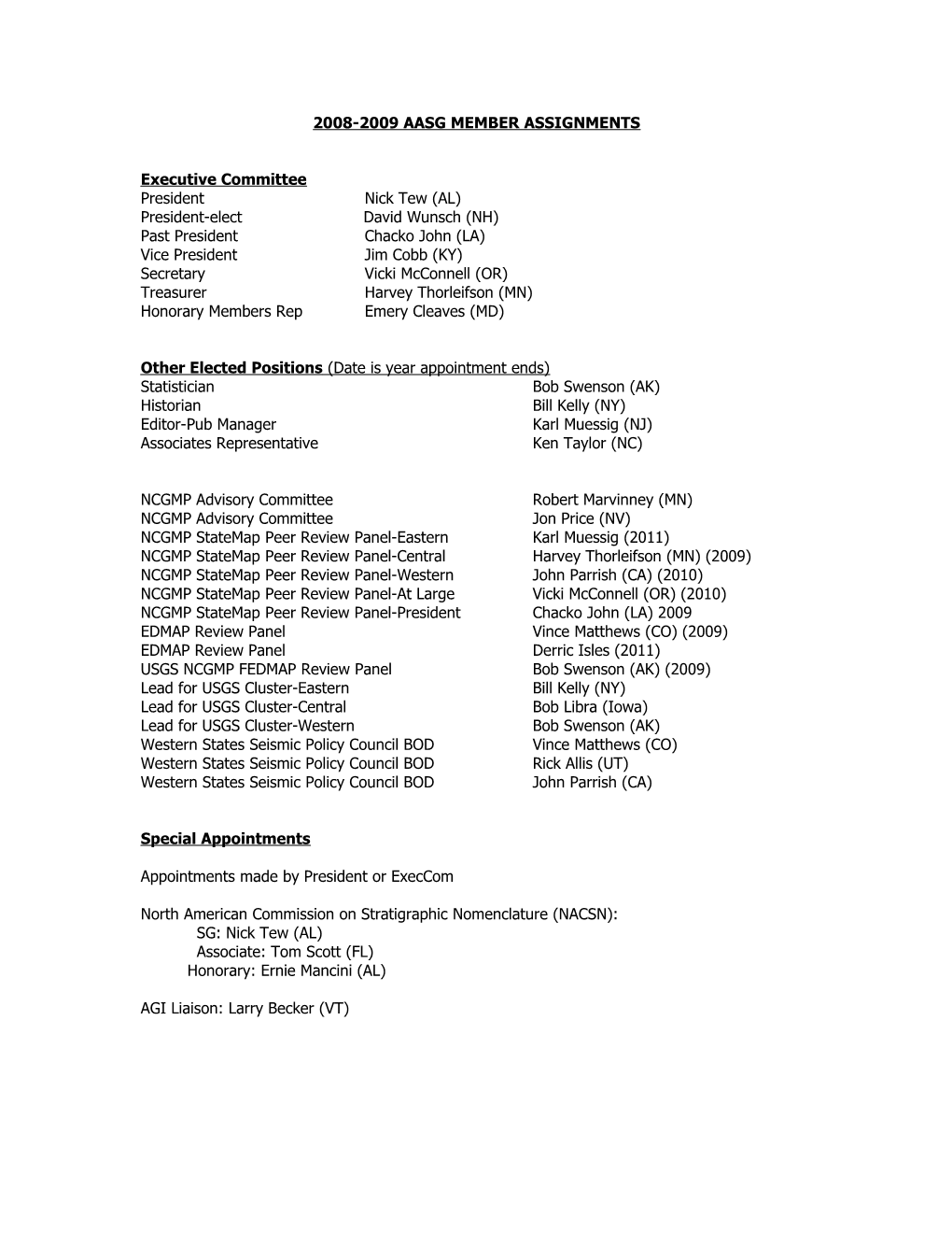 2008-2009 Aasg Member Assignments