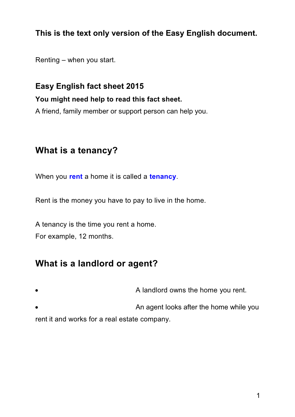 Renting Beginning a Tenancy Easy English Factsheet