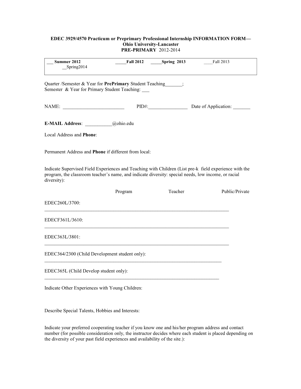 Student Teaching Information Form