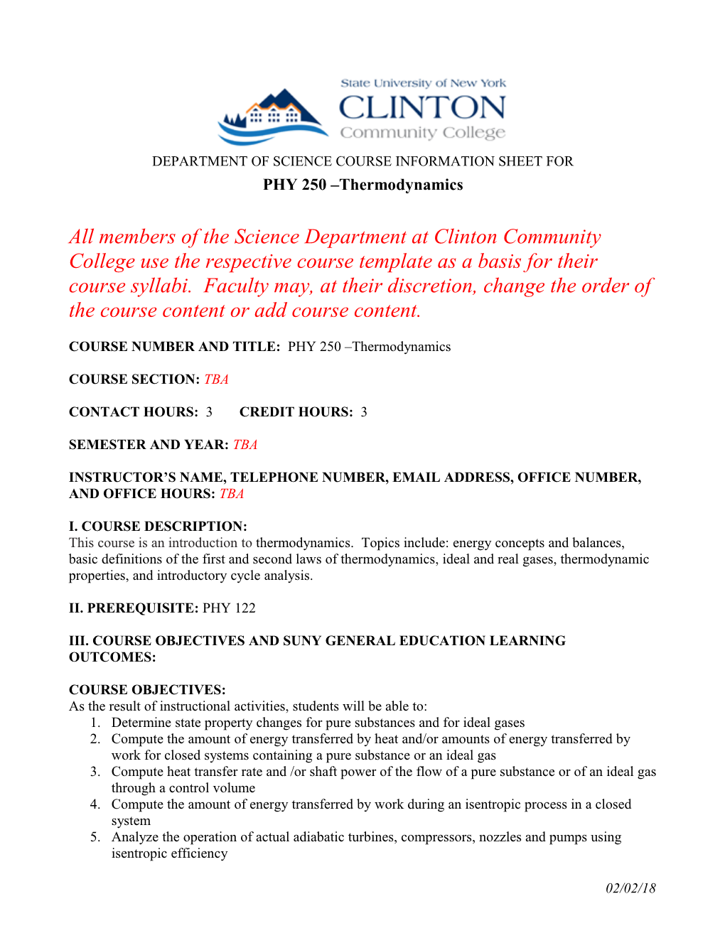 Department of Science Course Information Sheet For