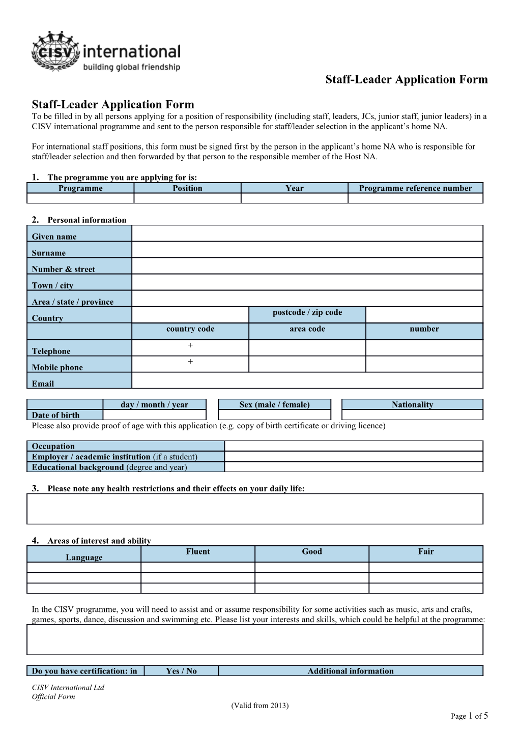 Staff-Leader Application Form