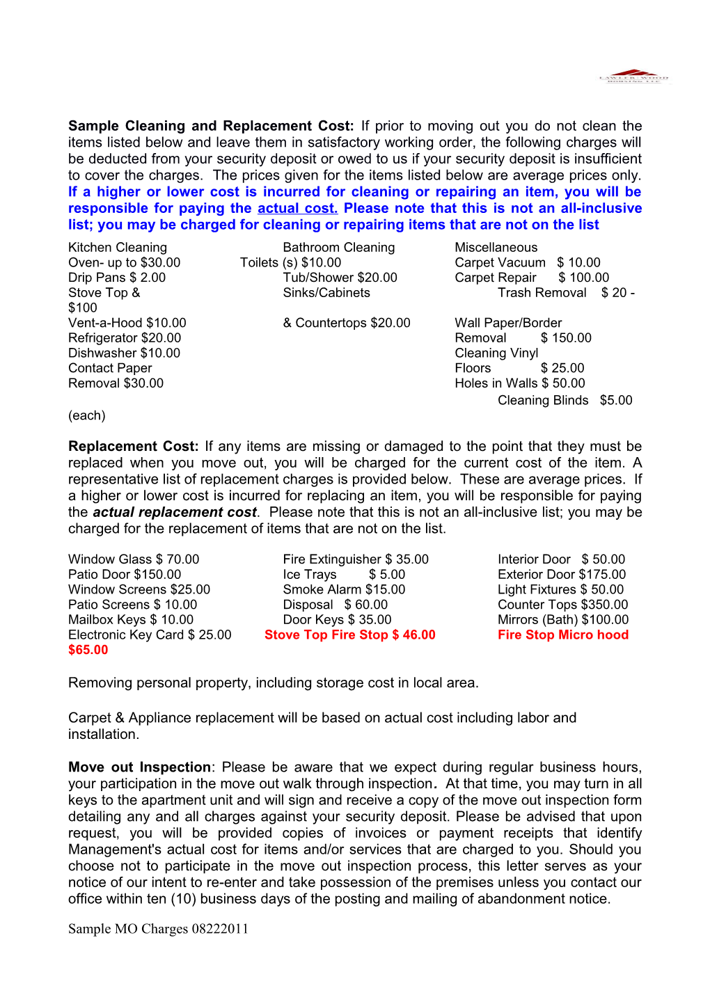 Sample Move out Charge List