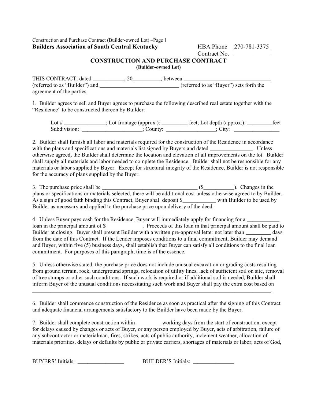 Construction and Purchase Contract (Builder-Owned Lot) Page 1