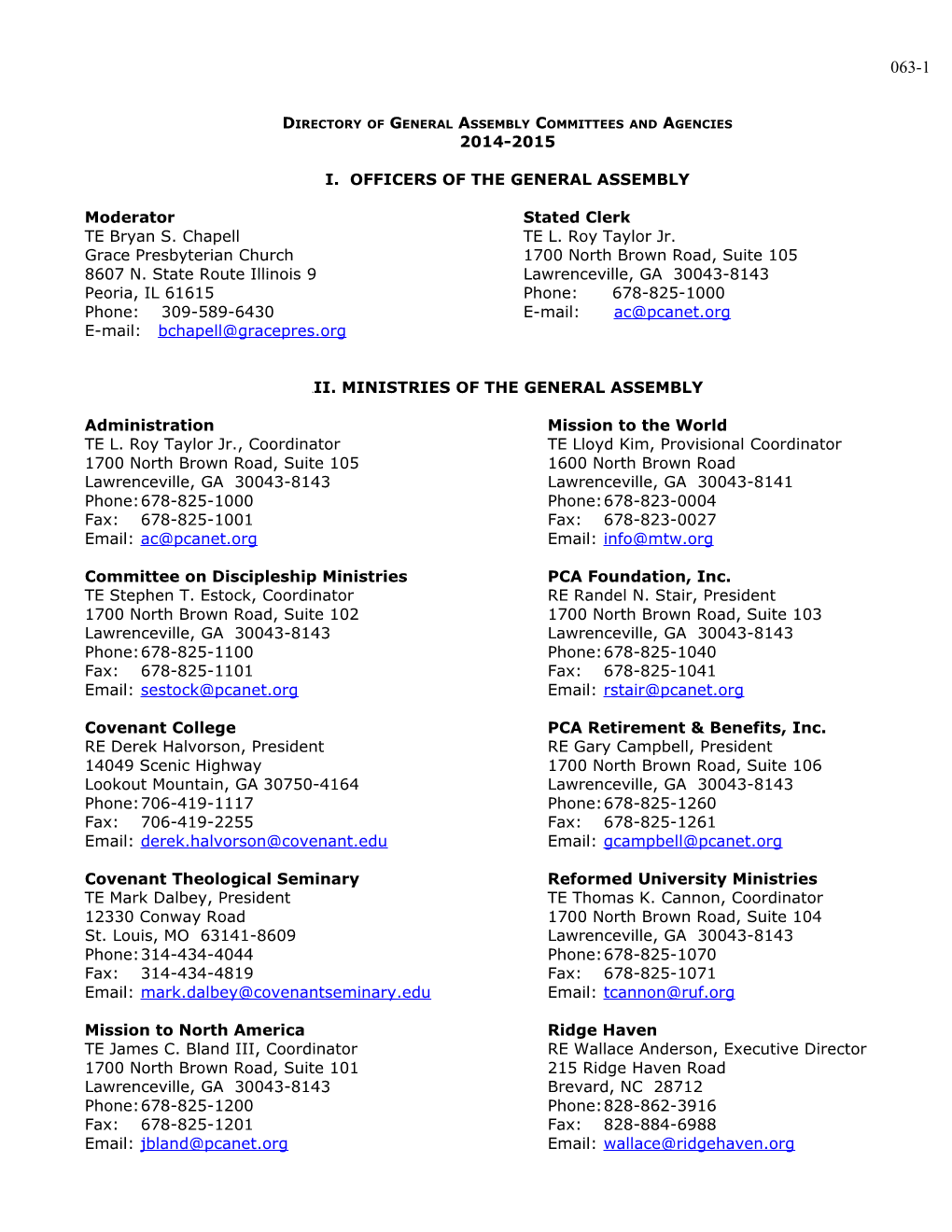 Directory of General Assembly Committees and Agencies