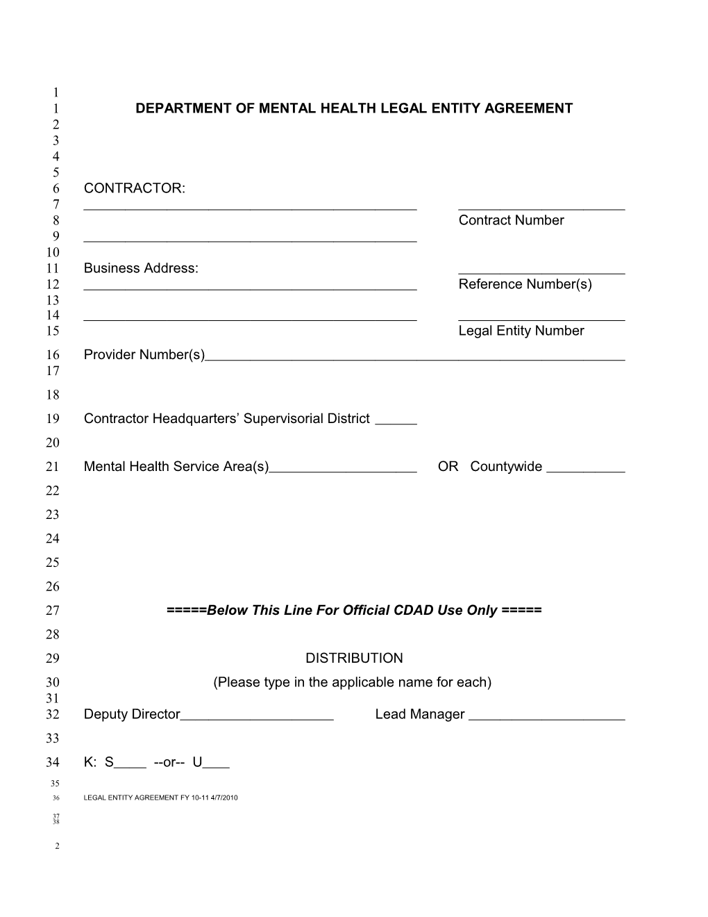 Department of Mental Health Legal Entity Agreement