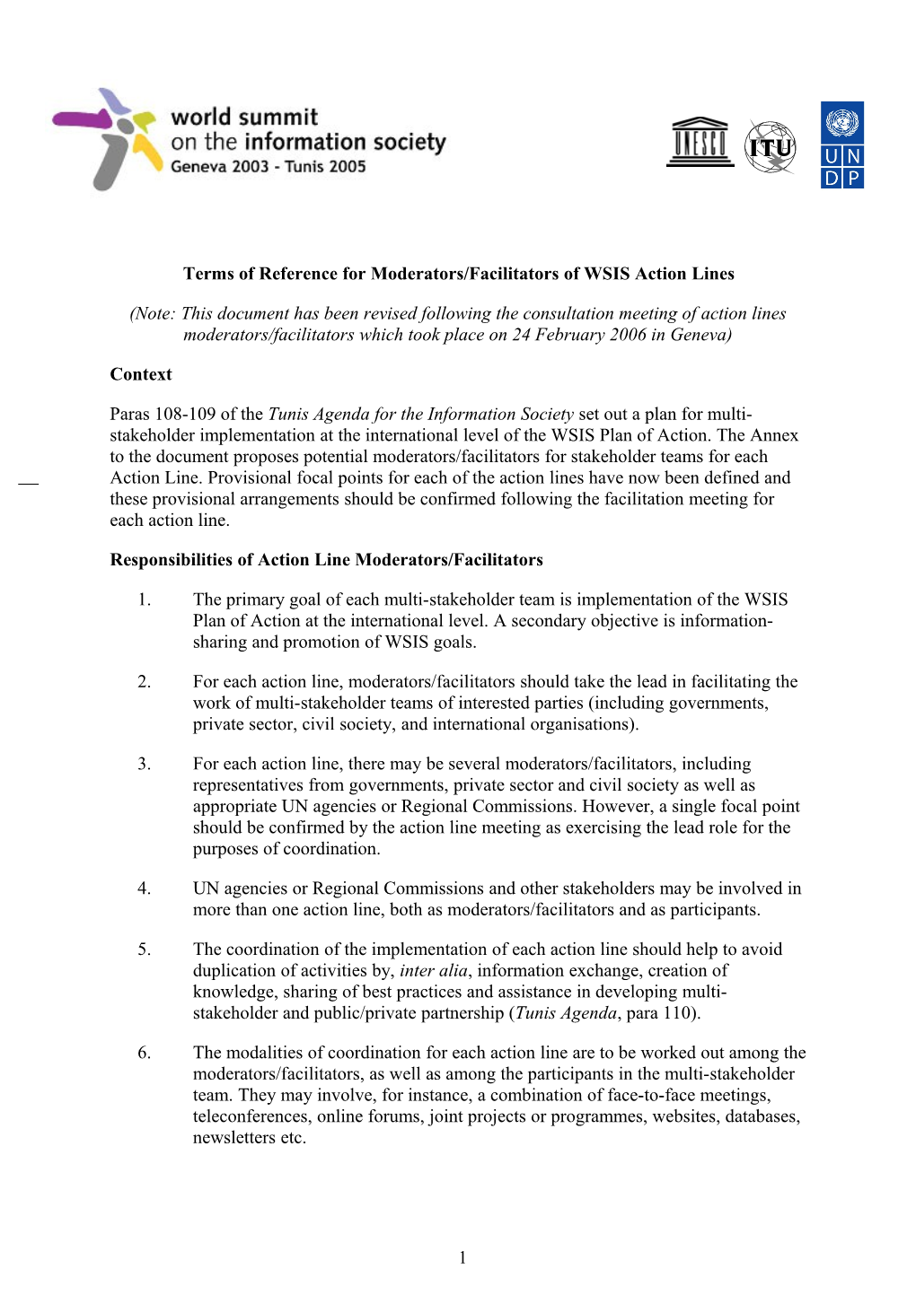 Terms of Reference for Moderators/Facilitators of WSIS Action Lines