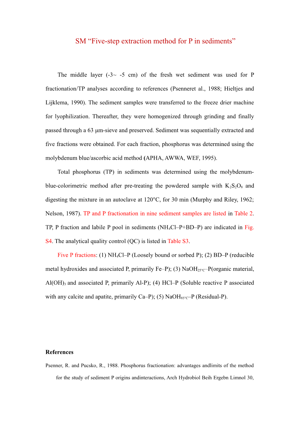 SM Five-Step Extraction Method for P in Sediments