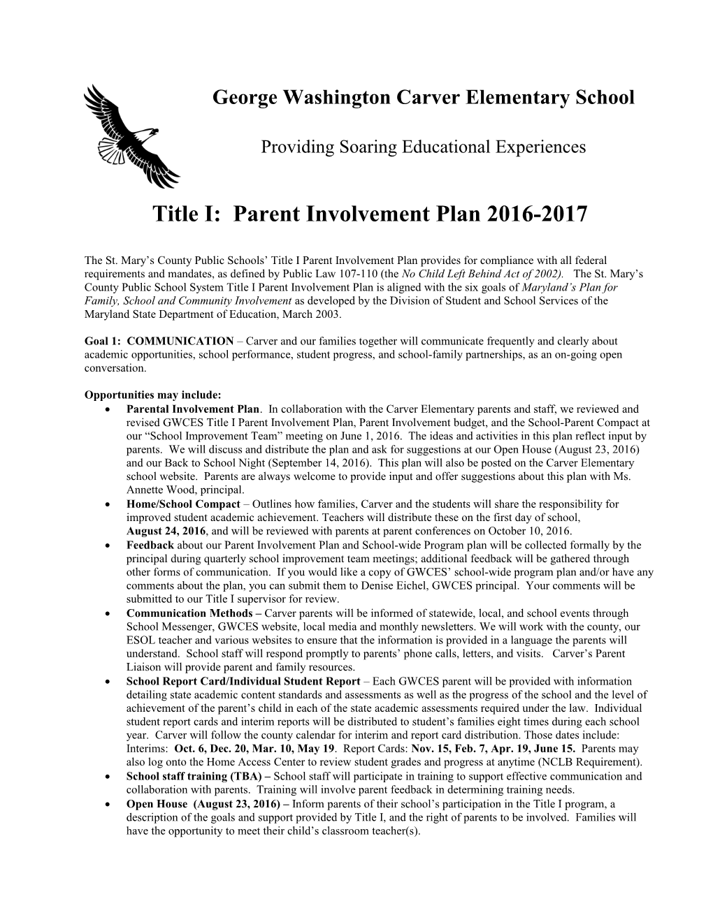 Title I: Parent Involvement Plan 2016-2017