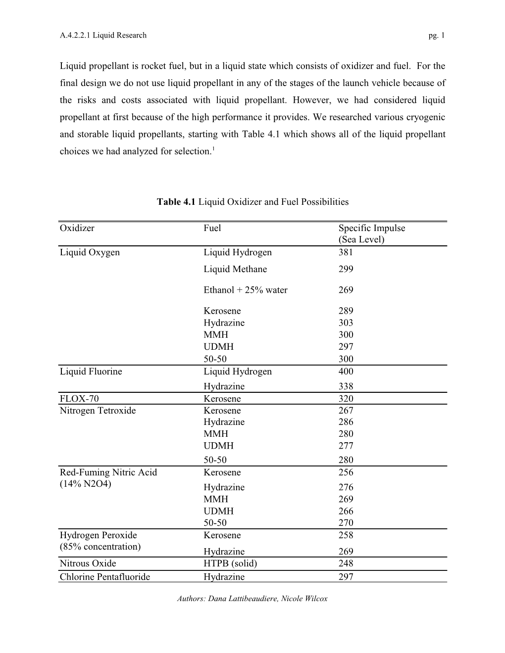 Table 4.1 Liquid Oxidizer and Fuel Possibilities