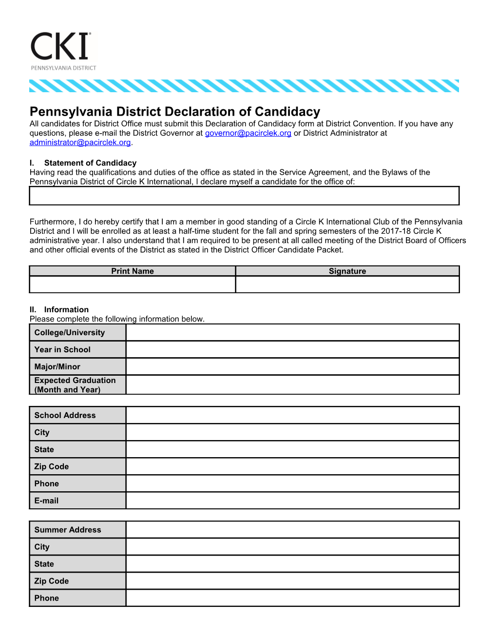 Pennsylvania District Declaration of Candidacy