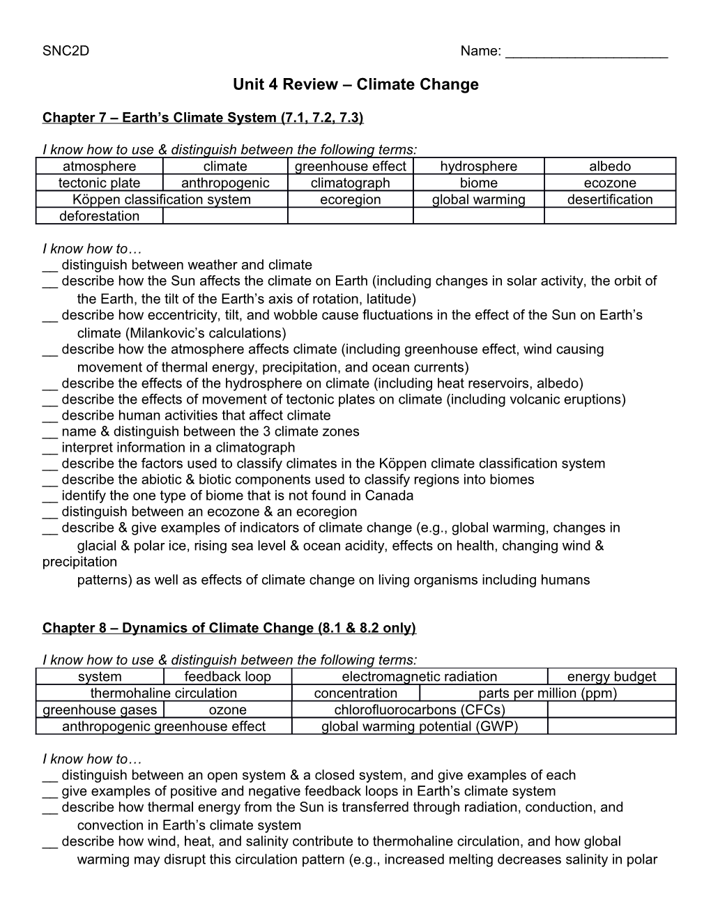 Unit 4 Review Climate Change