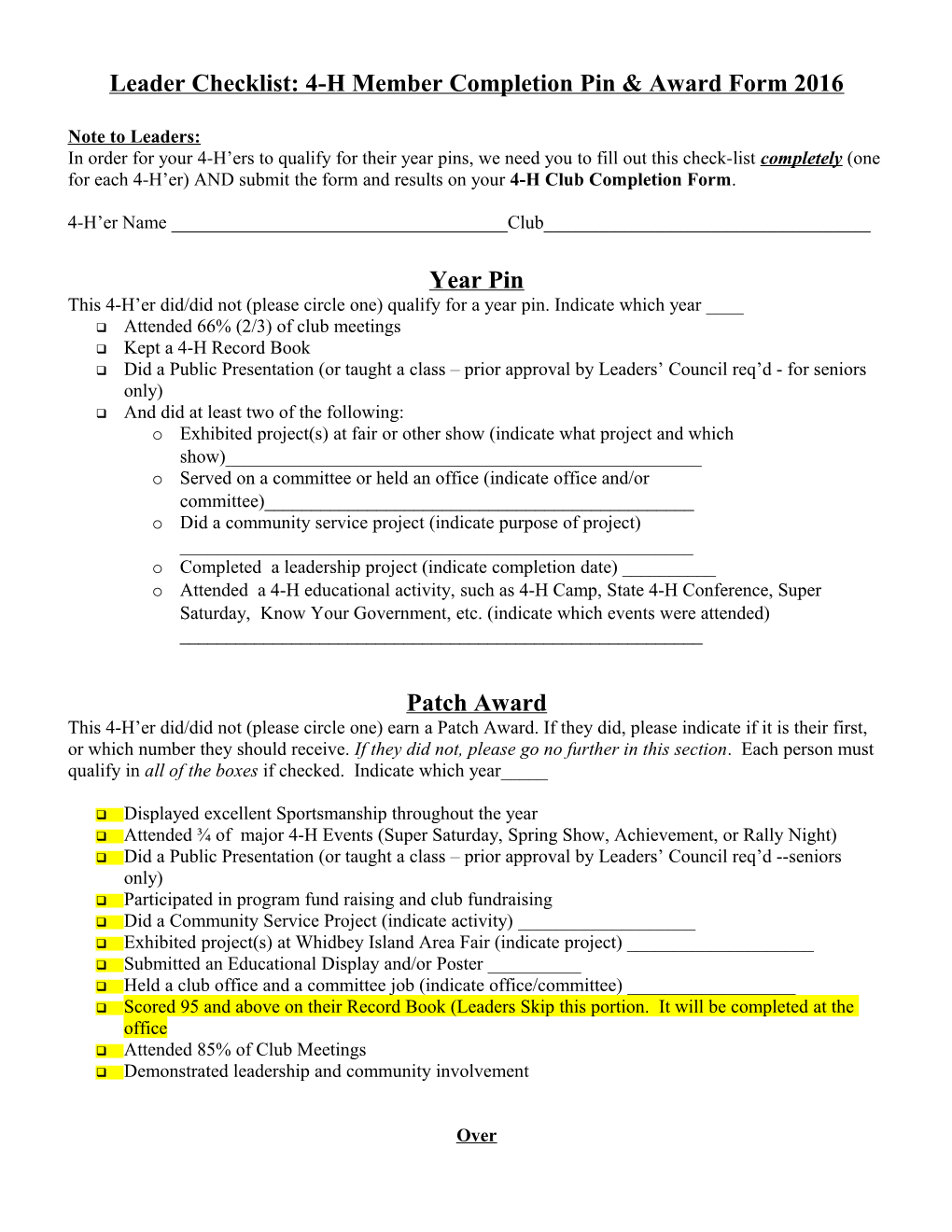 Leader Checklist: 4-H Member Completion Pin & Award Form 2016