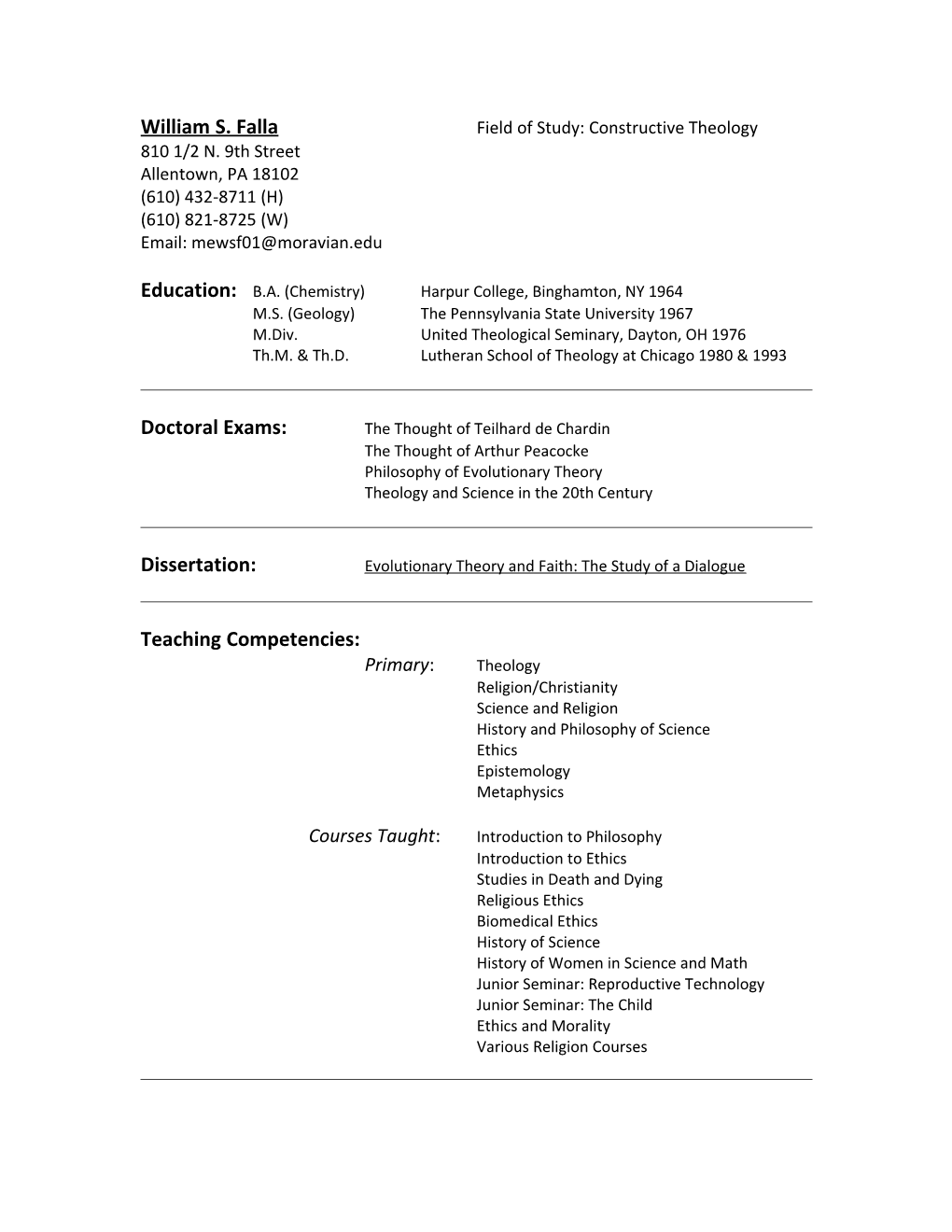 William S. Falla Field of Study: Theology