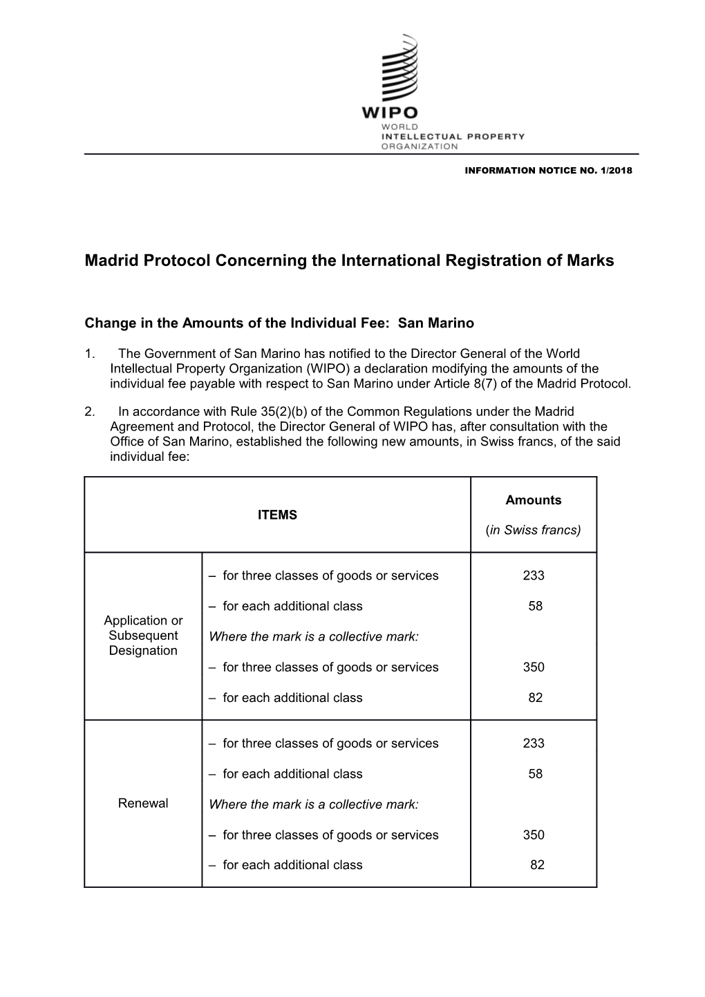 Change in the Amounts of the Individual Fee: San Marino