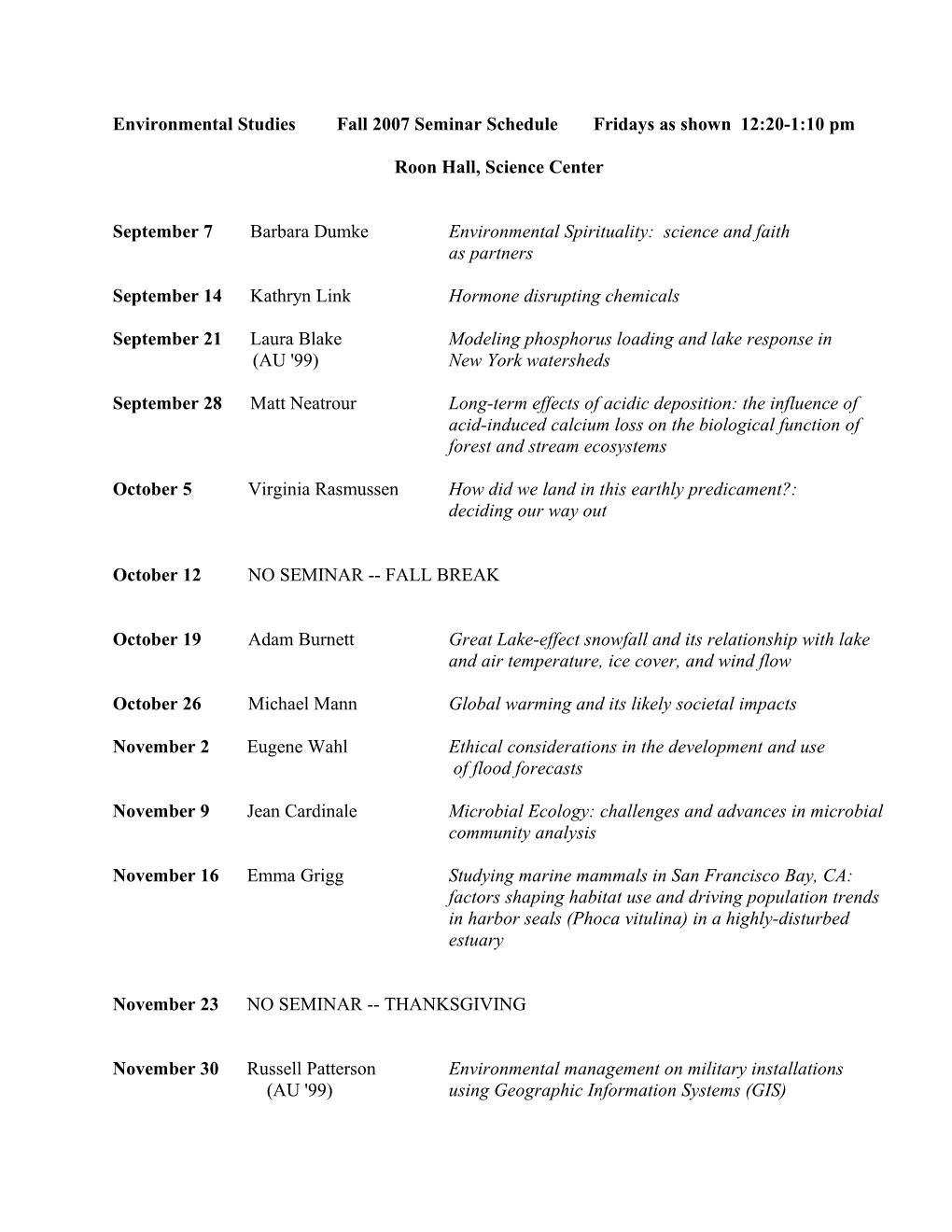 Environmental Studies Fall 2007 Seminar Schedule