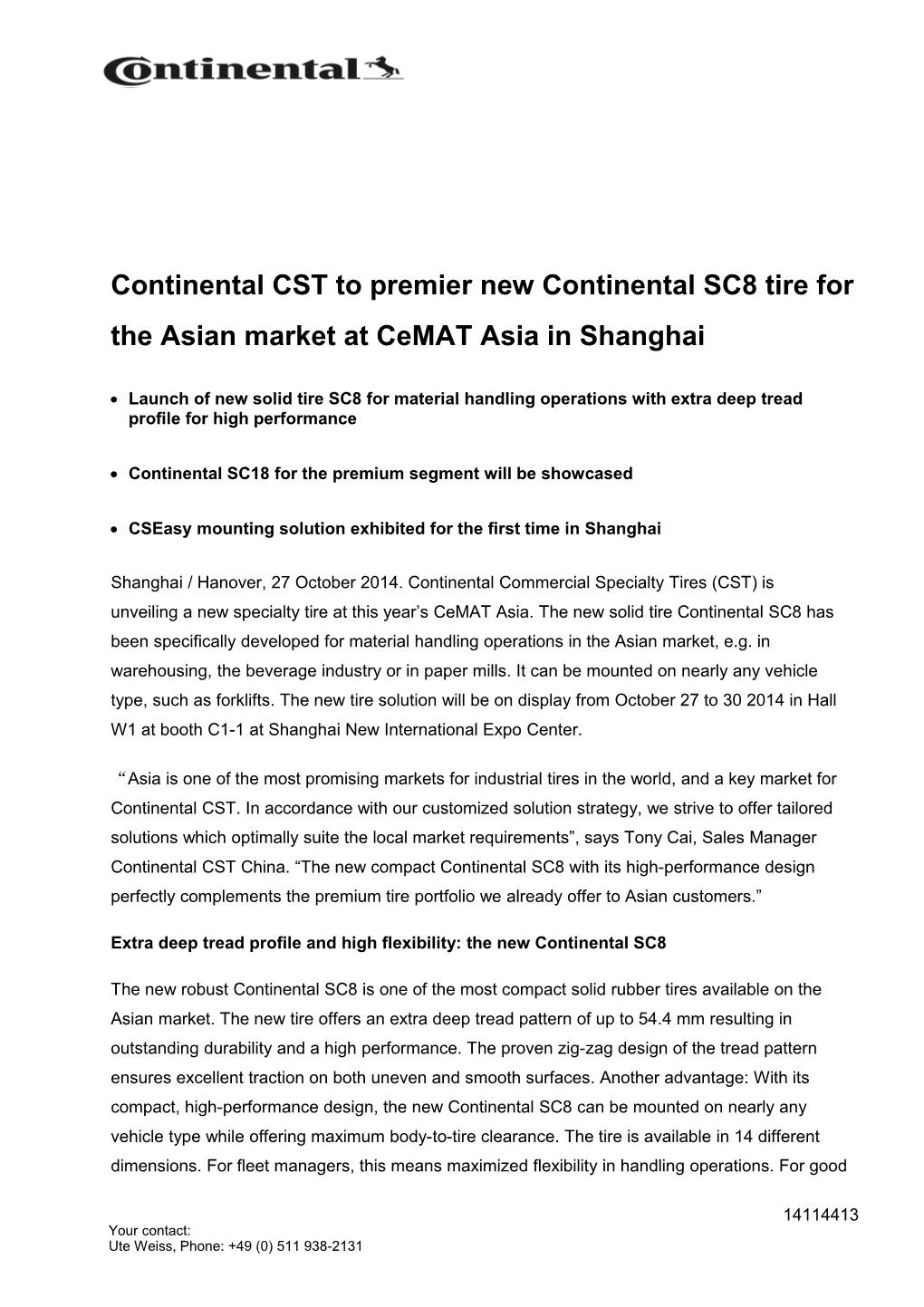 Continental SC18 for the Premium Segment Will Be Showcased