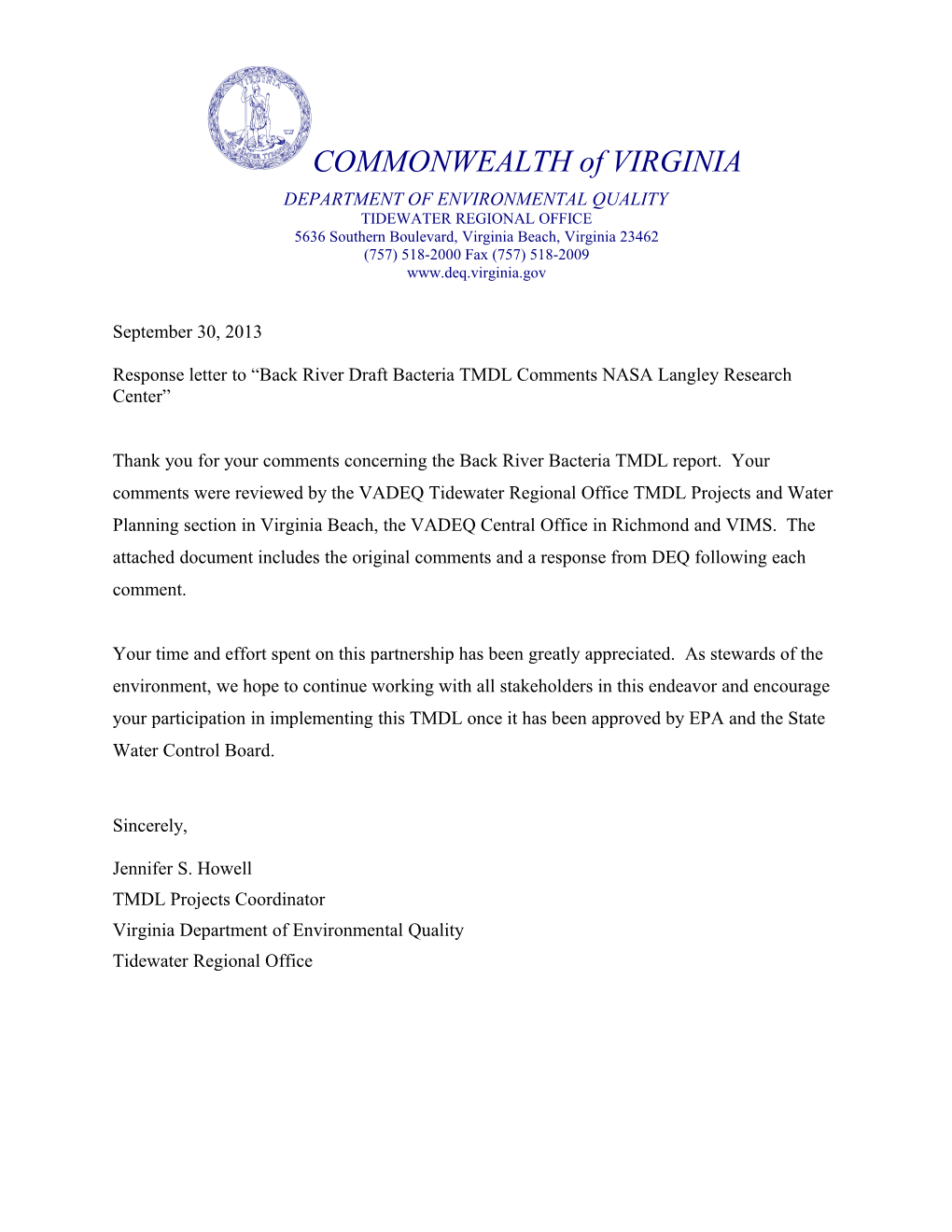 Response Letter to Back Riverdraft Bacteria TMDL Commentsnasa Langley Research Center